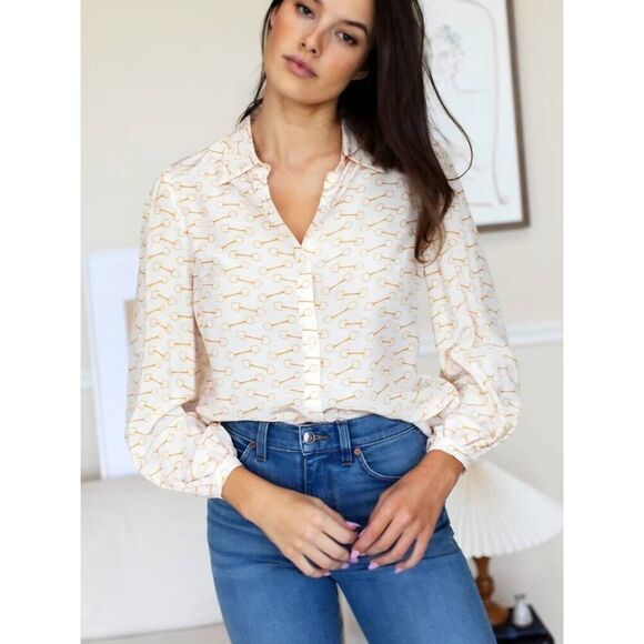 Emerson Fry Frankie Blouse Equestrian Gold Elastic Cuff Long Sleeve Size Large - Picture 1 of 5